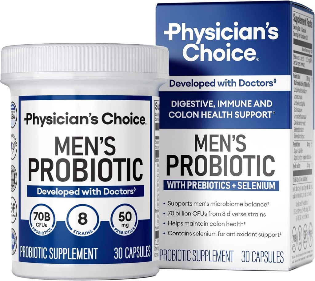 Physician's Choice Probiotics for Men - 70 Billion CFU - 8 Strains - w/Selenium & Organic Prebiotics - Supports Digestive Health, Microbiome, Colon, & Immune Health - Advanced Men's Probiotic - 30ct
