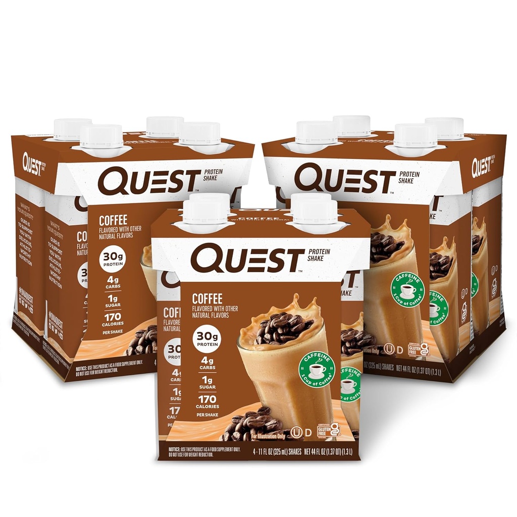 Quest Beslenme Kahve Protein Shake, 30g proteini, 4g Carb, 1g Sugar, Gluten Free, Keto Friendly, 4 Count (Pack of 3)