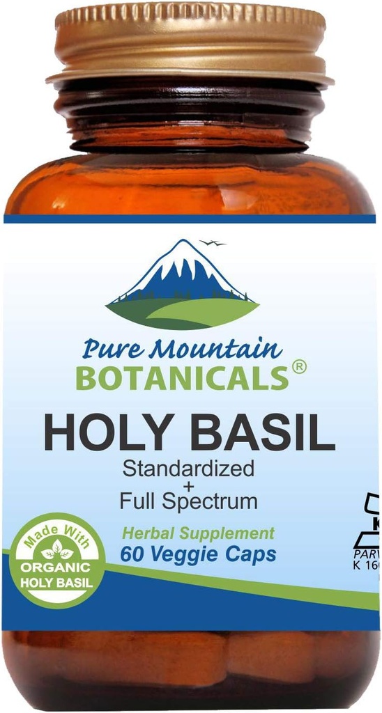 Pure Mountain Botanicals Holy Basil Capsules - Kosher Vegan Caps with 450 mg Organik Kutsal Basil Tulsi & Holy Basil Extract from India