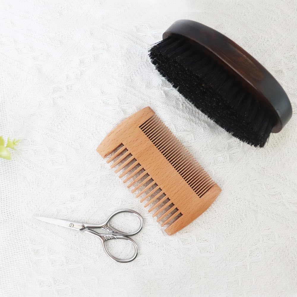 Ayıd Grooming Kit, Beard Care Set, Men's Grooming Kit, Beard Trimming Kit, Natural Boar Bristle Brush ve Pear Wood Comb for Men - Dual Action Grooming for Beards and Mustaches