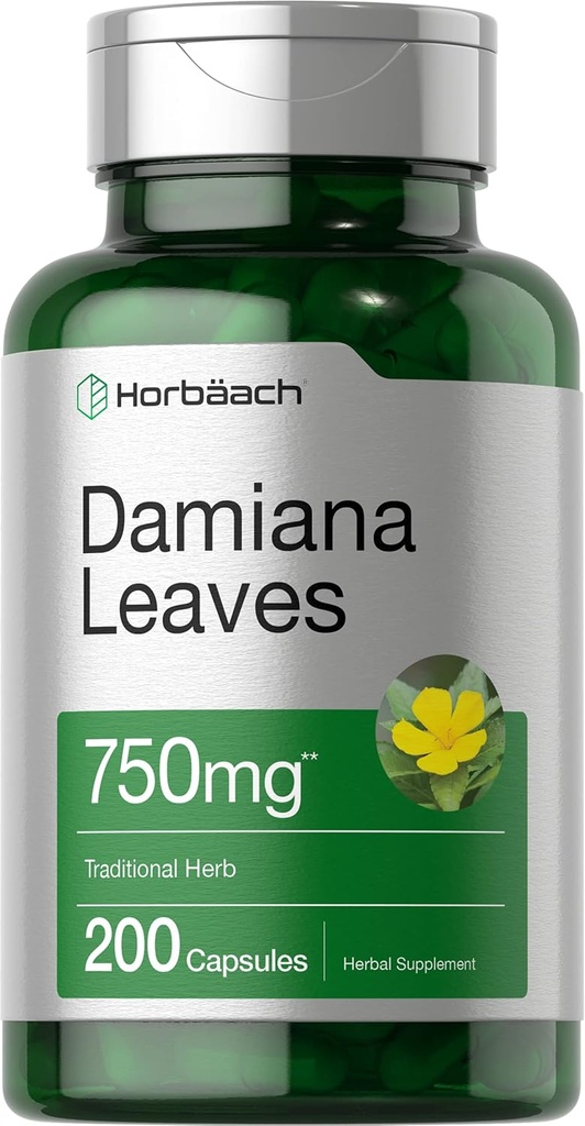 Horbäach Damiana Leaf 750 mg | 200 Capsules | Non-GMO, Gluten Free Supplement Supplement