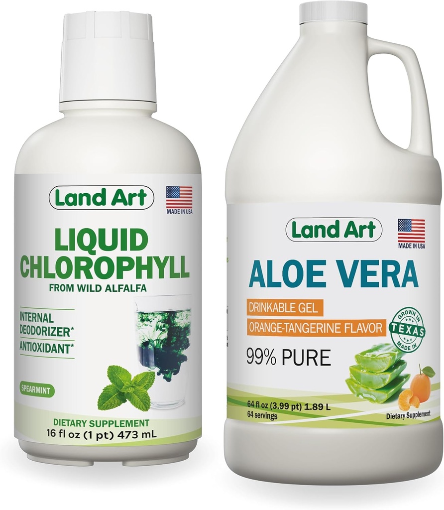 Land Art Aloe Vera Drinkable Gel - Orange Tangerine Flavored - Cold-Processed - Organik Fresh Leaves - 64floz + Sıvı Chlorophyll Mint Flavored - Cold Non-GMO Alfalfa - 16floz