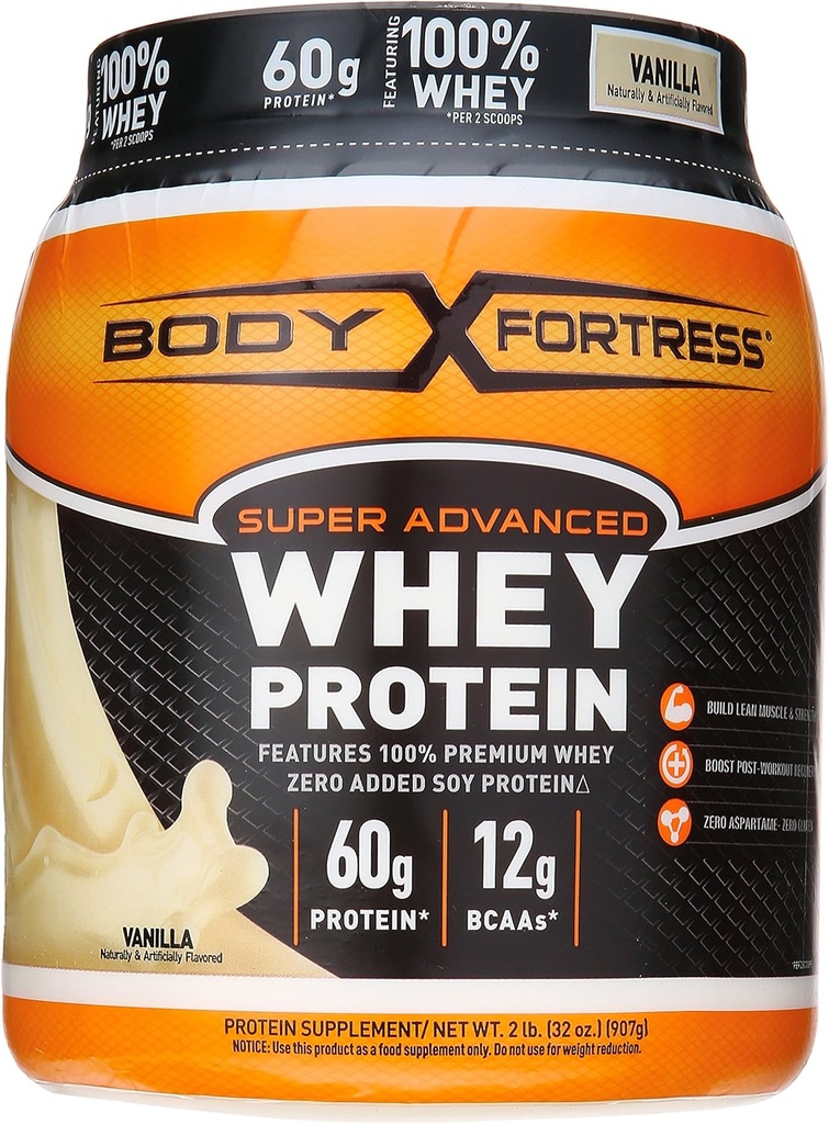 Body Fortress Super Advanced Whey Protein Toz, Kre Plustine ve Glutamine, Gluten Free, Vanilla, 32 Ounce (2lb)