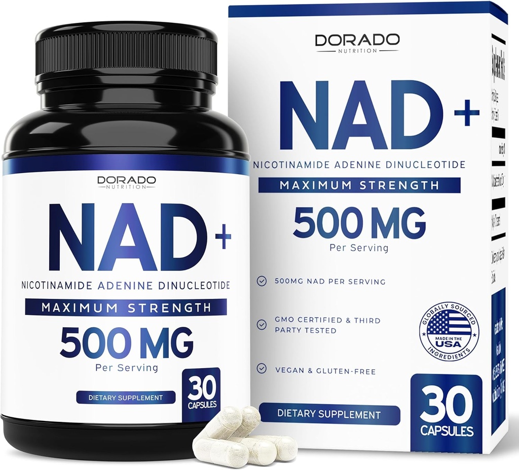 NAD Supplement (500 mg of 95 Pure NAD+ Per Service) NMN Supplement, NAD Nicotinamid Riboside Support (Third Party Tested, Vegan Safe, Non-GMO, No Fillers, & Made in the USA - 30 Vegan Capsules)