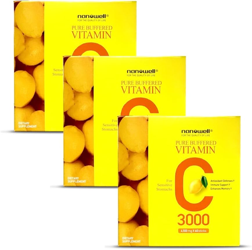 NANOWELL Saf Buffered Vitamin C 3000 mg per Service, Diyetsel Supplement for Immune Support - 60 Sticks x 3 Kutu, 6 Ay Supply (180)