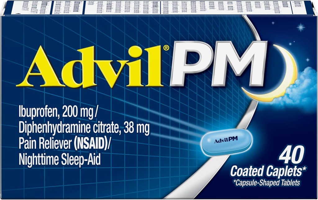 Advil PM (40 Kont, 2) Pain Reliever / Nighttime Sleep Aid Paint Caplet, 200 mg Ibuprofen ve 38 mg Diphenhydramine Citrate