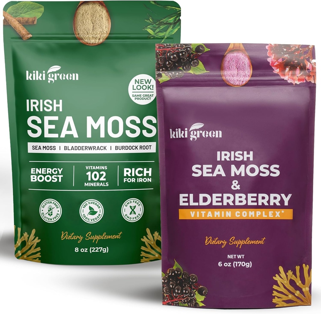 KIKI Green Sea Moss Powder Bundle - Immune Support Superfood Complex 8 oz, 6 oz - Ακατέργαστη Θάλασσα Moss, Burdock Root, Bladderwrack, Elderberry Extract - για Ανοσία Boost, Ενέργεια & Υποστήριξη Υγείας
