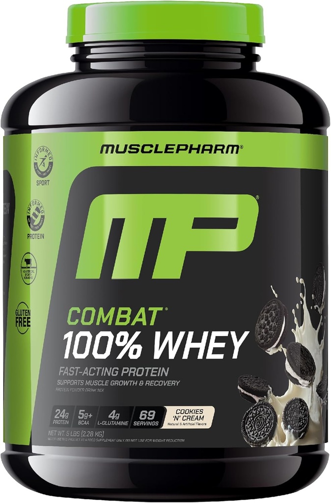 Muspharm Combat 100% Whey Protein Powder, Cookies «N» Κρέμα Γεύσης, γρήγορη ανάκτηση & μυϊκή αύξηση με Whey Protein Isolate, Υψηλή πρωτεϊνική σκόνη για γυναίκες & άνδρες, Χωρίς γλουτένη, 5 lb, 69 εξυπηρετήσεις