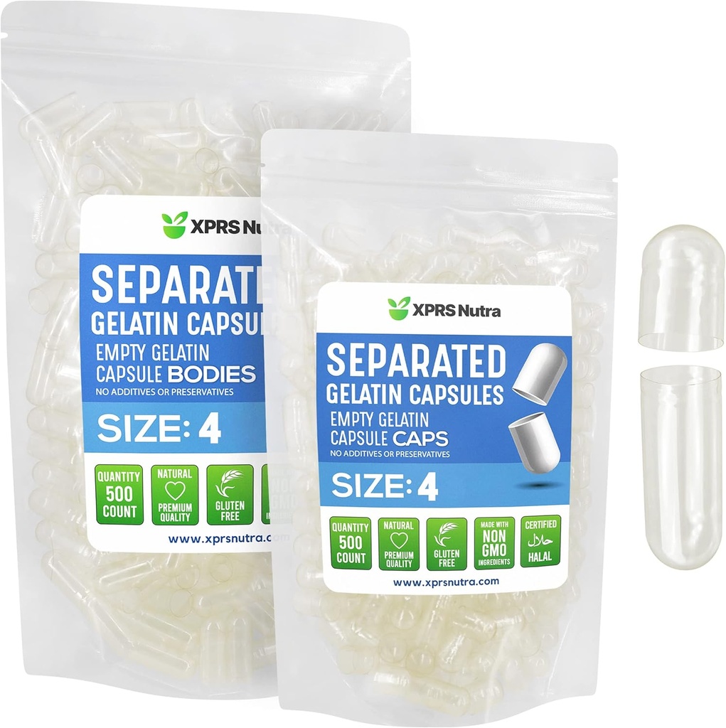 XPRS Nutra Gelatin Μέγεθος 4 Ξεχωριστές κάψουλες - 500 Μέτρα Καθαρίστε μικρές κενές κάψουλες Χωρίζονται σε τσάντες - DIY Fillable Caps - Μέγεθος 4 Gel Do-It-Yourself Βιταμίνη και συμπλήρωμα πλήρωσης