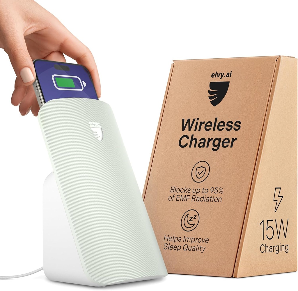 Elvy Fast Qi Wireless Charger για κινητά τηλέφωνα - Σχεδιασμένο με EMF Management Technology για βελτιωμένη φόρτισης, Advanced Environmental Shielding, Lab Tested by Ordos Tech, 2023 (Mint Green)