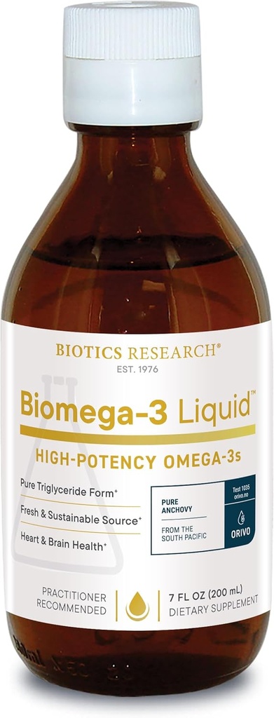 Biyotiği Araştırma Biomega 3 SıvıTM Yüksek derecede Yoğun Omega 3 Fish Oil Liquid, Sustainable Sourced, Traceable, Pure 2490 mg of EPA DHA Omega 3 Fatty Acids per TSP 1040 mg DHA 7 Fl Ounces 200 ml 40 SVG