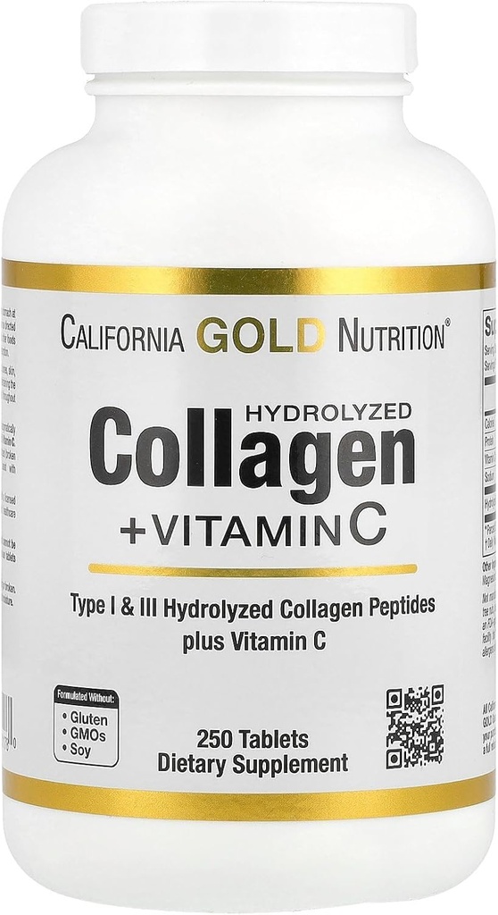 California Gold Nutrition Hydrolyzed Collagen, + Vitamin C Saç, Skin, Nails, Ortaklar ve Bones - Tip I & III Collagen Peptides - Gluten Free, Non-GMO - 250 Tablet