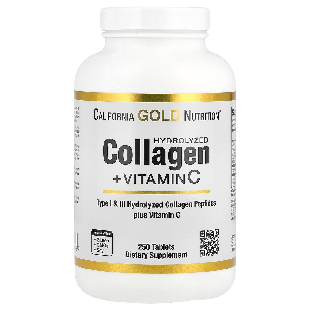 California Gold Nutrition Hydrolyzed Collagen, + Vitamin C Saç, Skin, Nails, Ortaklar ve Bones - Tip I & III Collagen Peptides - Gluten Free, Non-GMO - 250 Tablet