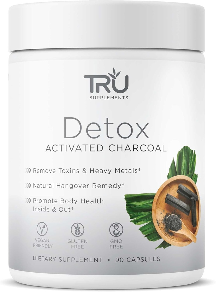 Συμπληρώματα TRU Κάψουλες καθαρισμού Detox με ενεργοποιημένο άνθρακα, ολόκληρο το σώμα Καθαρίστε για Bloating Relief & Clear Skin, Vegan-Friendly Φυσική υποστήριξη Detox, 60 εξυπηρετούν
