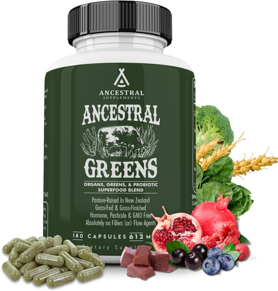 Ancestral Supplements Greens Toz Capsules, Organik Superfood Greens & Reds Meeting with Spirulina, Chlorella, Grass Fed Beef Organları ve GMO, 612 mg Her, 180 Count