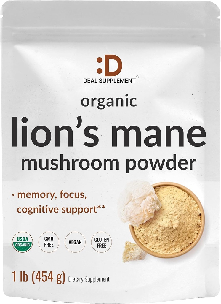 DEAL SUPPLEMENT Organic Lions Mane Mushroom Toz Supplement, 1.500 mg Per Servis, 1lb – Active Fruiting Body & Mycelium Extract – Natural Brain Nootropic & Immune System Alert – Non-GMO