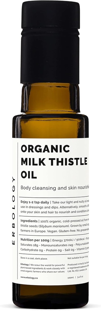 Erbology Organic Milk Thittle Oil 3.4 fl oz - Ψυχρή πίεση - Υψηλή σε Βιταμίνη Ε - Αποτοξινωτικό - Κατευθείαν από τη φάρμα - Μη ΓΤΟ - Δεν Πρόσθετα ή Συντηρητικά - Ανακυκλώσιμο γυάλινο μπουκάλι