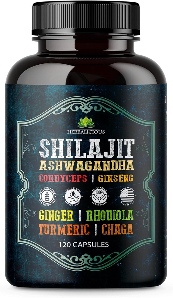 Shilajit για άνδρες – 8-σε-1 Adaptogenic συμπλήρωμα με Ashwagandha, Cordyceps, Ginseng, Rhodiola, Turmeric, Chaga & Ginger – Φυσική ενέργεια, ανακούφιση στρες & ανοσοποιητική υποστήριξη – 120 κάψουλες Vegan