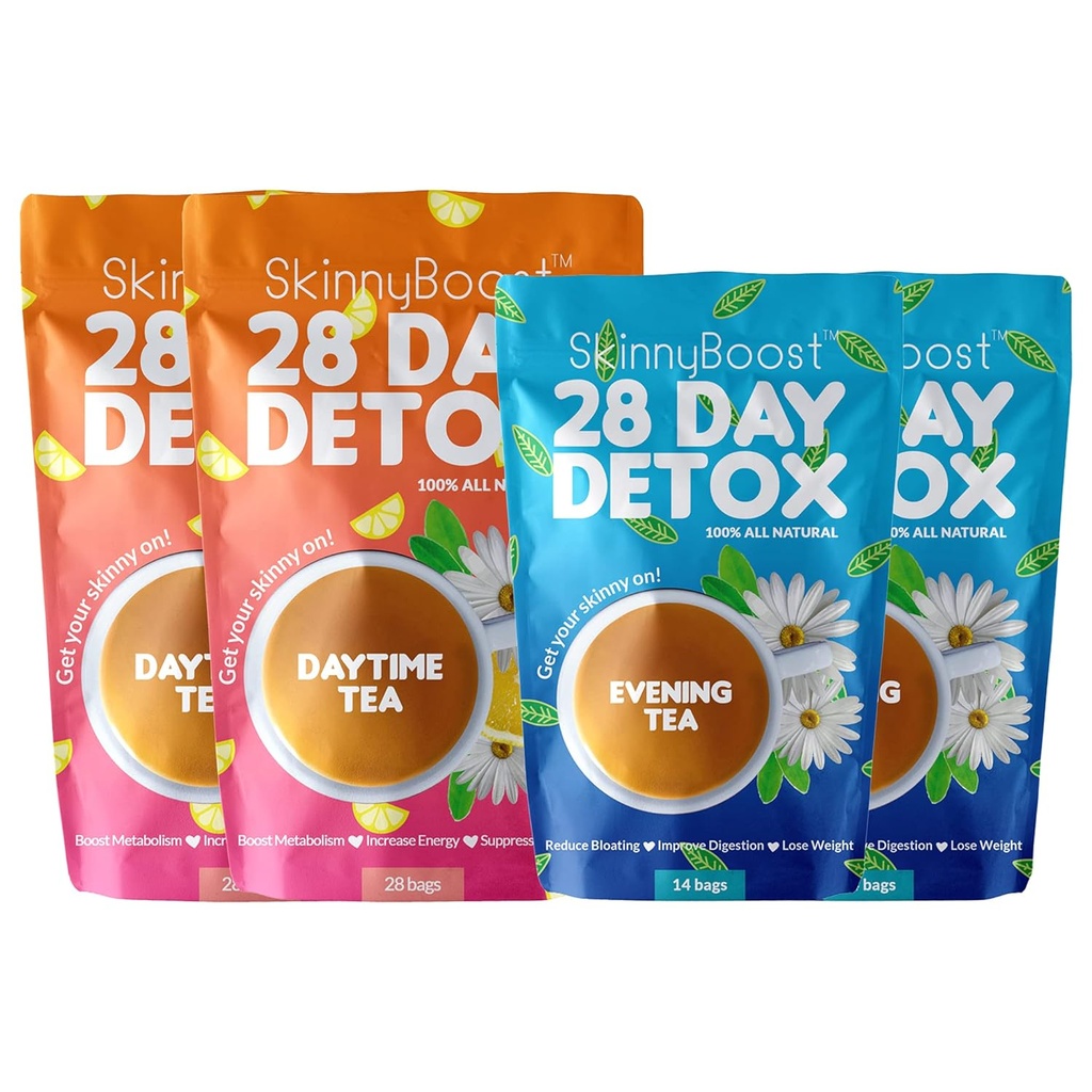 Skinny Boost Detox Τσάι σετ – 4 PACK - 2 Τσάια Ημέρας (56 Τσάι) 2 Τσάι βράδυ (28 Τσάι) – Herbal Detox για το βάρος, το μεταβολισμό, την ενέργεια, Bloating & Cleanse Κολώνα – Πράσινο Τσάι, Vegan, Keto, Μη-ΓΤΟ, Ζάχαρη-ελεύθερο