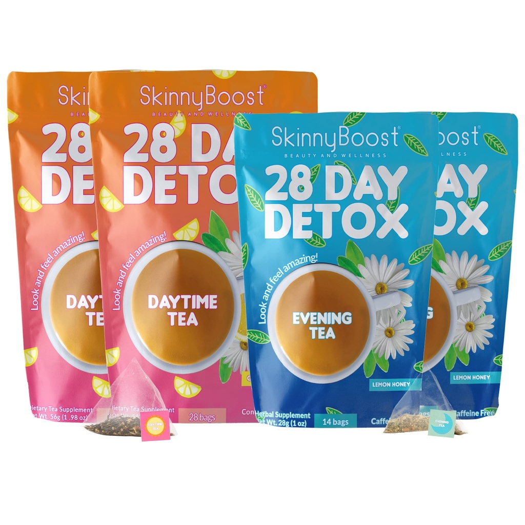 Skinny Boost Detox Tea Kit - 4 PACK - 2 Günlük Çaylar (56 Çanta) 2 Evening Teas (28 Çanta) – Herbal Detox for Kilo, Metabolism, Enerji, Bloating & Colon Cleanse – Green Tea, Vegan, Chem, Non-GMO, Sugar-Free