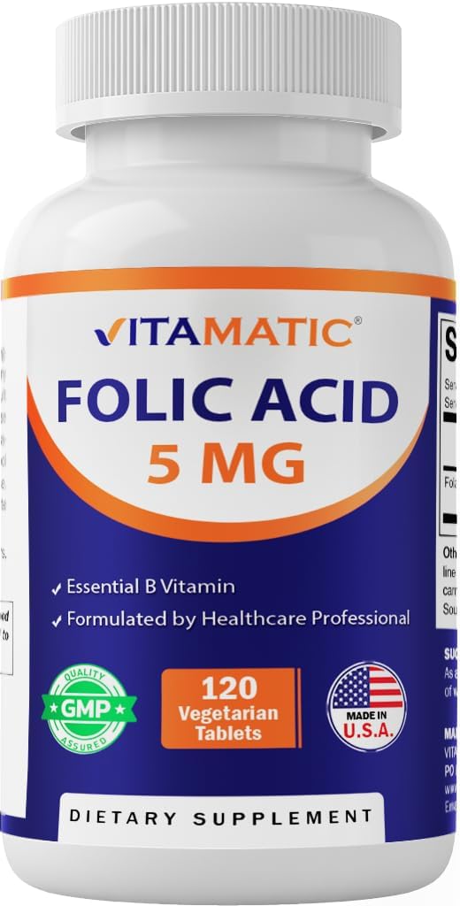 Vitamatic Folic Acid 5 mg (5000 mcg) - 120 Vejetaryen Tabletler Yüksek Potency B9 (Folate) Hücre Sağlığı, Kalp Desteği ve Prenatal Bakım