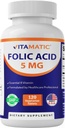 Vitamatic Folic Acid 5 mg (5000 mcg) - 120 Vejetaryen Tabletler Yüksek Potency B9 (Folate) Hücre Sağlığı, Kalp Desteği ve Prenatal Bakım