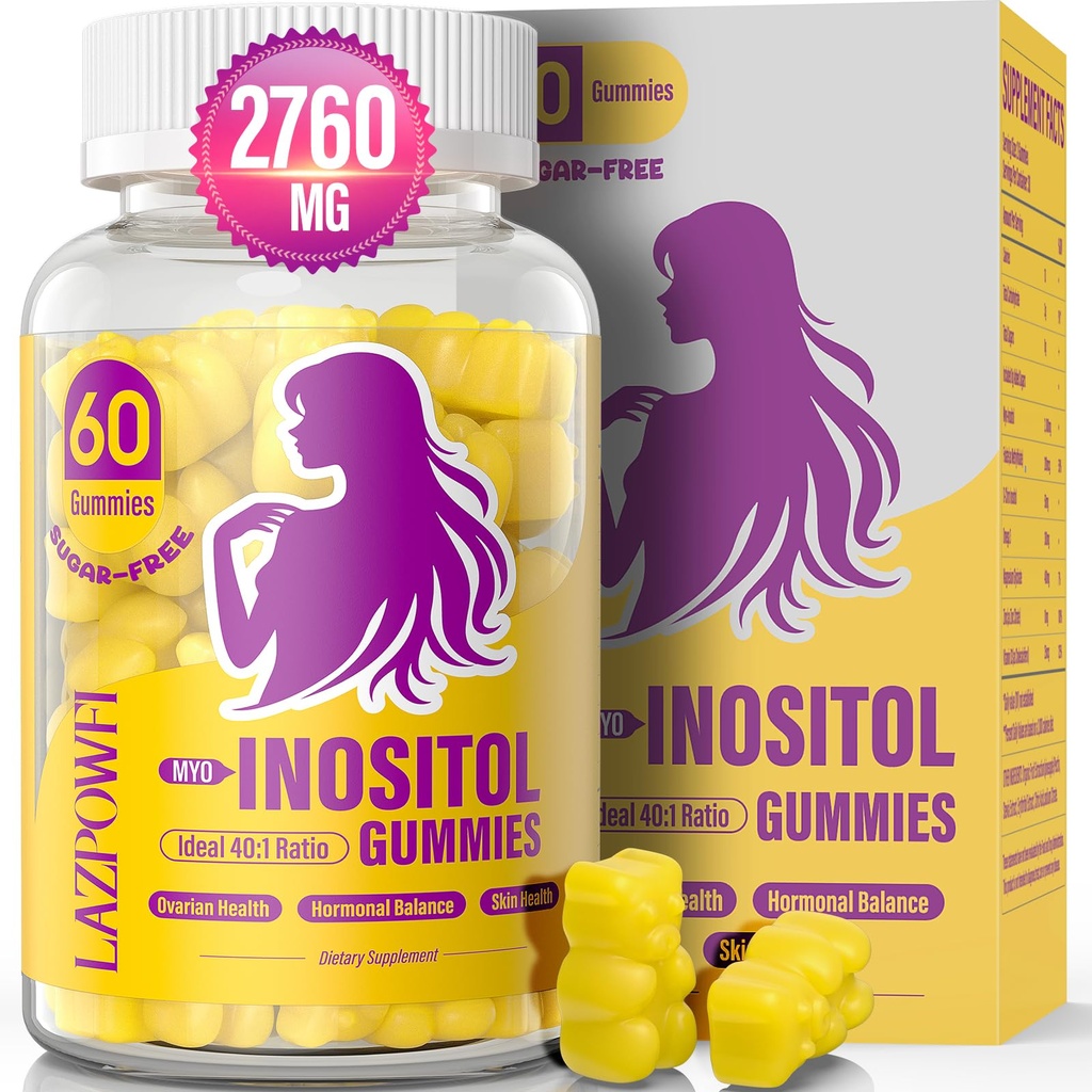 Myo-Ινοσιτόλη & D-Χίρο Ινοσιτόλη, Ινοσιτόλη Gummies με βιταμίνη D3, Μαγνήσιο Γλυκινικό, Ωμέγα-3, Φολικό & Ψευδάργυρο, Ινοσιτόλη συμπλήρωμα Εμμηνοριακό κύκλο για γυναίκες-40:1 Ratio-30 Ημέρα προσφοράς