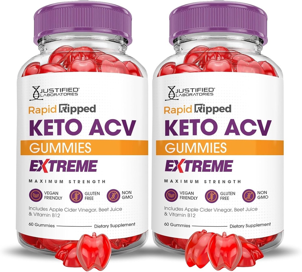 Justified Laboratories (2 Pack Rapid Ripped Keto ACV Gummies Extreme 2000MG Hızlıca Vinegar, Pomegranate Beet Juice B12 Vegan Non GMO 120 Gummys