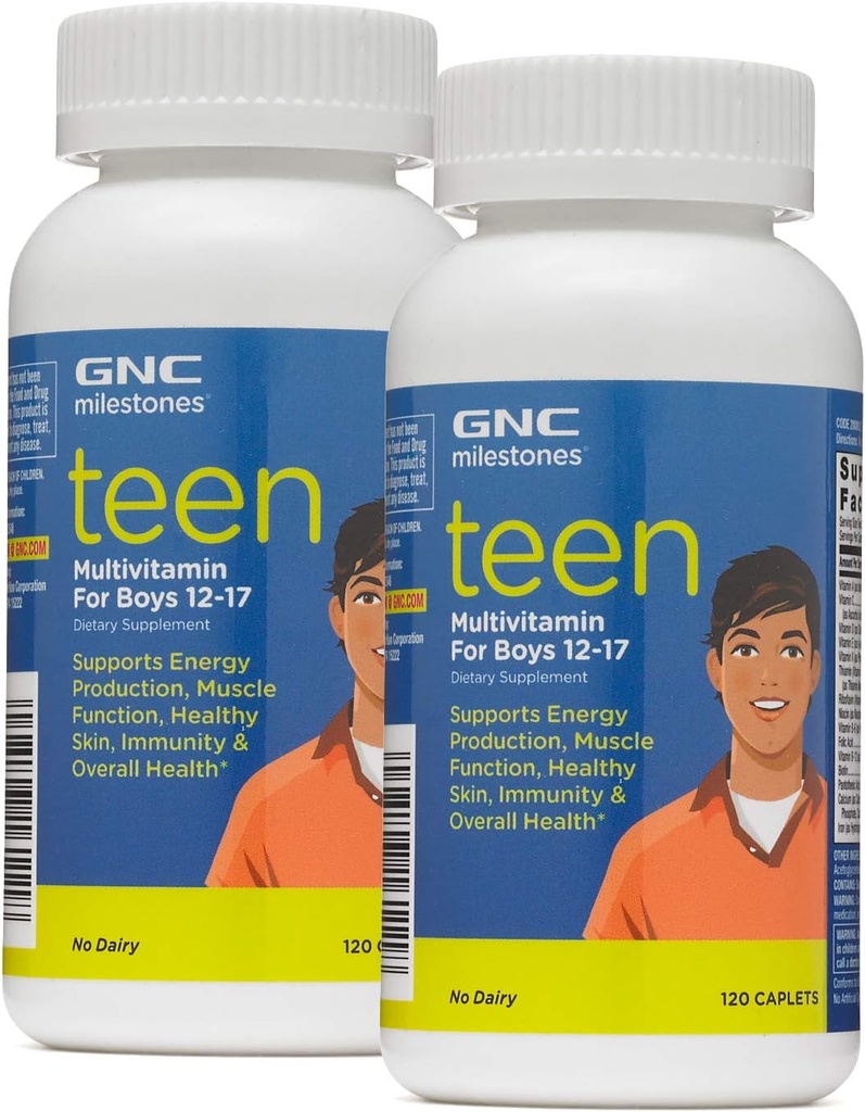 GNC Milestones 12-17, Twin Pack, Şişe başına 120 Caplets, Energy Production and Muscle Functions Teen Multivitamin for Boys 12-17, Twin Pack, 120 Caplet