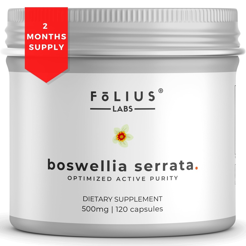 FOLIUS LABS Boswellia Serrata Extract Supplement 500mg - Υγιής Κοινή Υποστήριξη, Υποστήριξη για την ανακούφιση των μυών - 65% Boswellic Acids - Εξάγεται από την ινδική Olibanum/Frankincense, 120 Caps