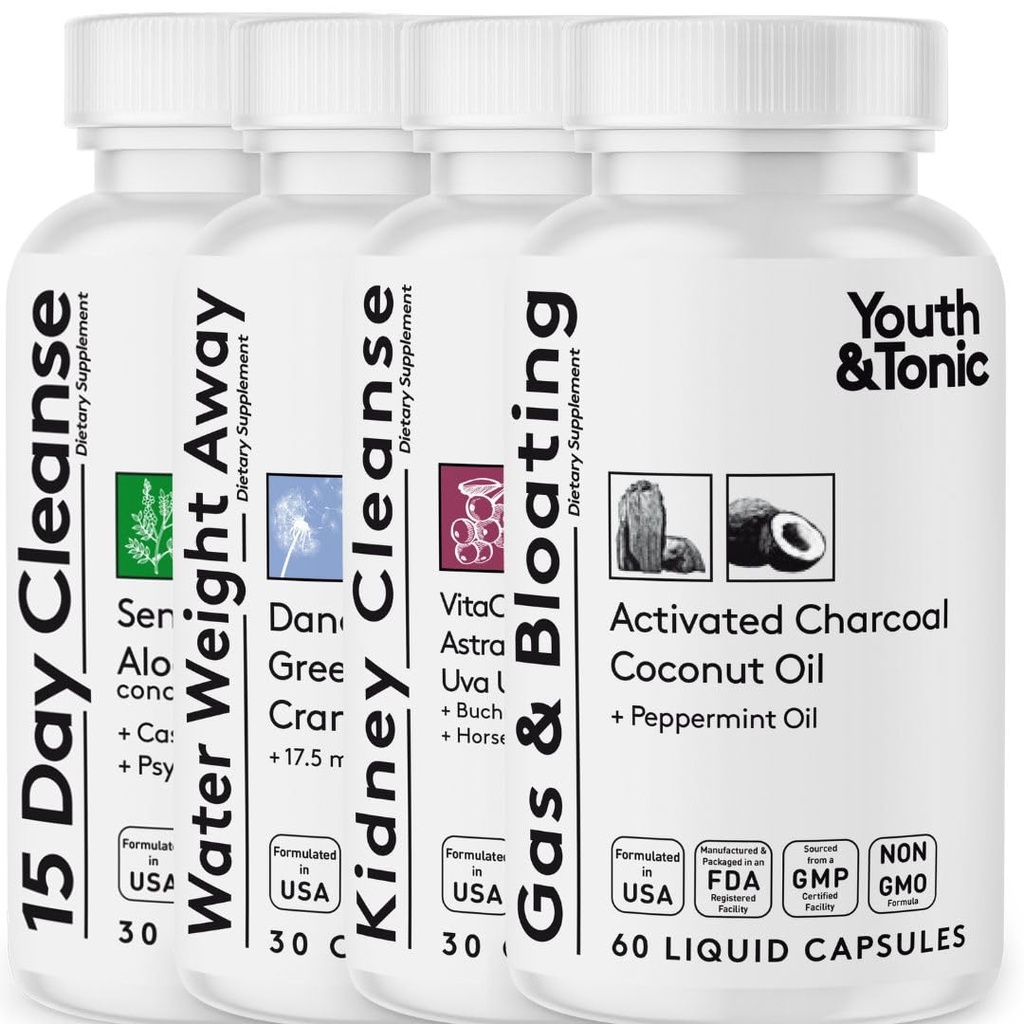 Youth & Tonic Complete Multi-Organ Detox & Repair – 15 Day Colon Cleanse, Kidney, Gut & Stomach Cleansers with Water Balance Support for Full Body Detox, Gas and Bloating & Liver Health, 150 Pills