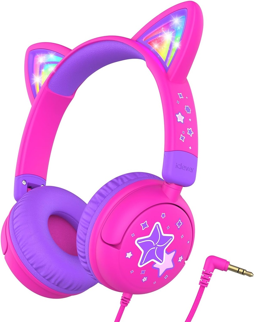 IClever Kids, Cat Ear, LED Light Up, 85dBA Güvenli Banyo, Seyahat Okulu için Stereo Ses Toddler, Katlanabilir 3.5mm Kablolu Çocuklar iPad Tabletler için Parlak Ayakkabılar, Meow Lollipop-Hot Pink