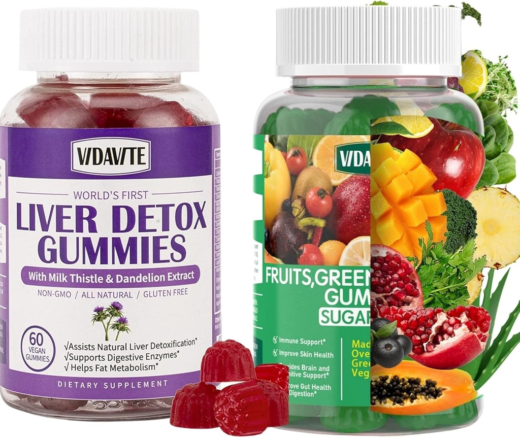 Liver Cleanse Detox & Tamir Gummies + Meyveler, Yeşil ve Veggie Gummies (30-Day Supply)