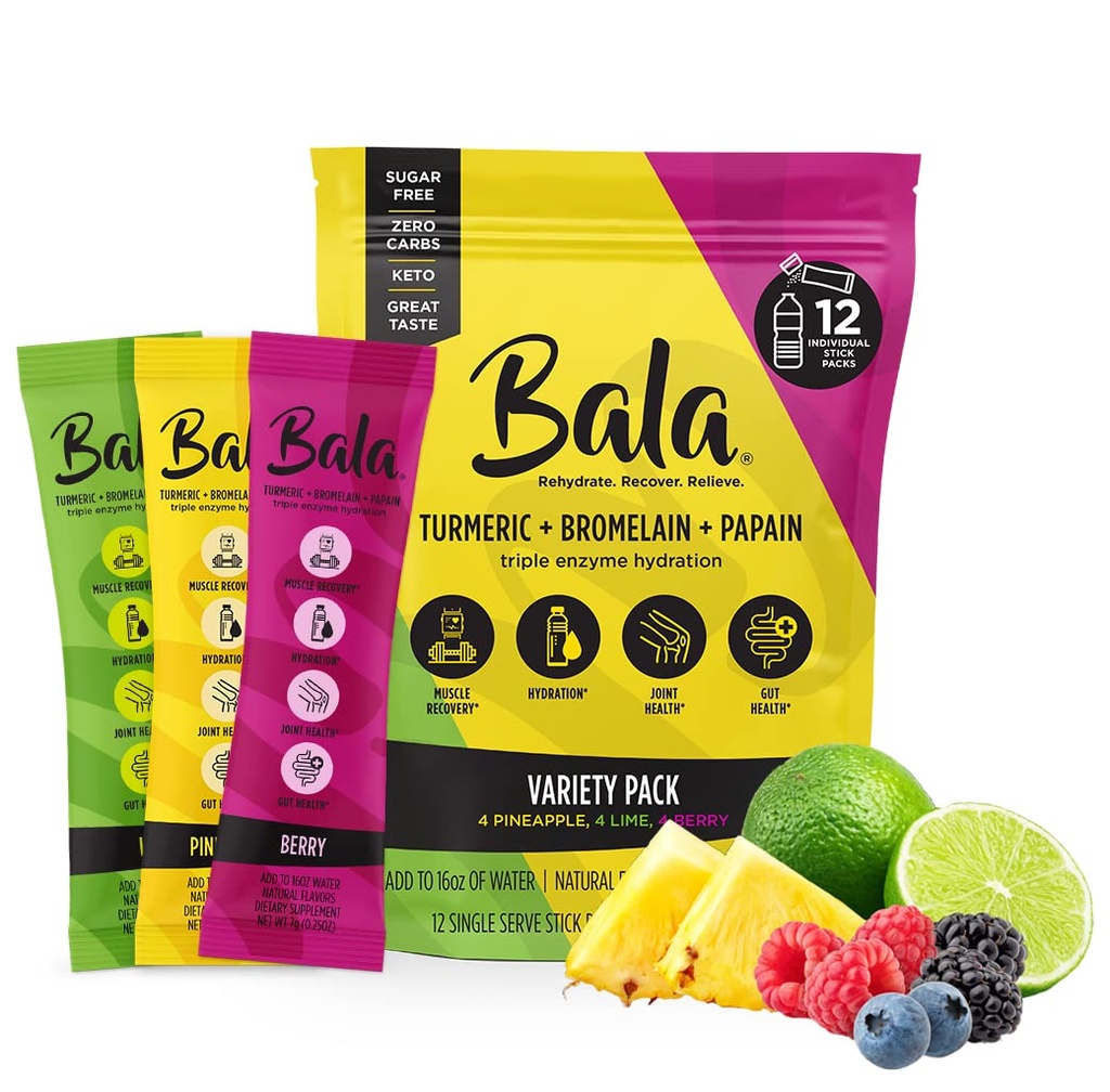 Bala Enzyme Hydration & Sugar-Free Drink Mix - Turmeric, Bromelain, Papain - Immunity, Mobility - Çeşitli Pack 0.25oz (12)