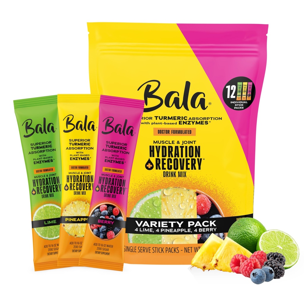 Bala Enzyme Hydration & Sugar-Free Drink Mix - Turmeric, Bromelain, Papain - Immunity, Mobility - Çeşitli Pack 0.25oz (12)