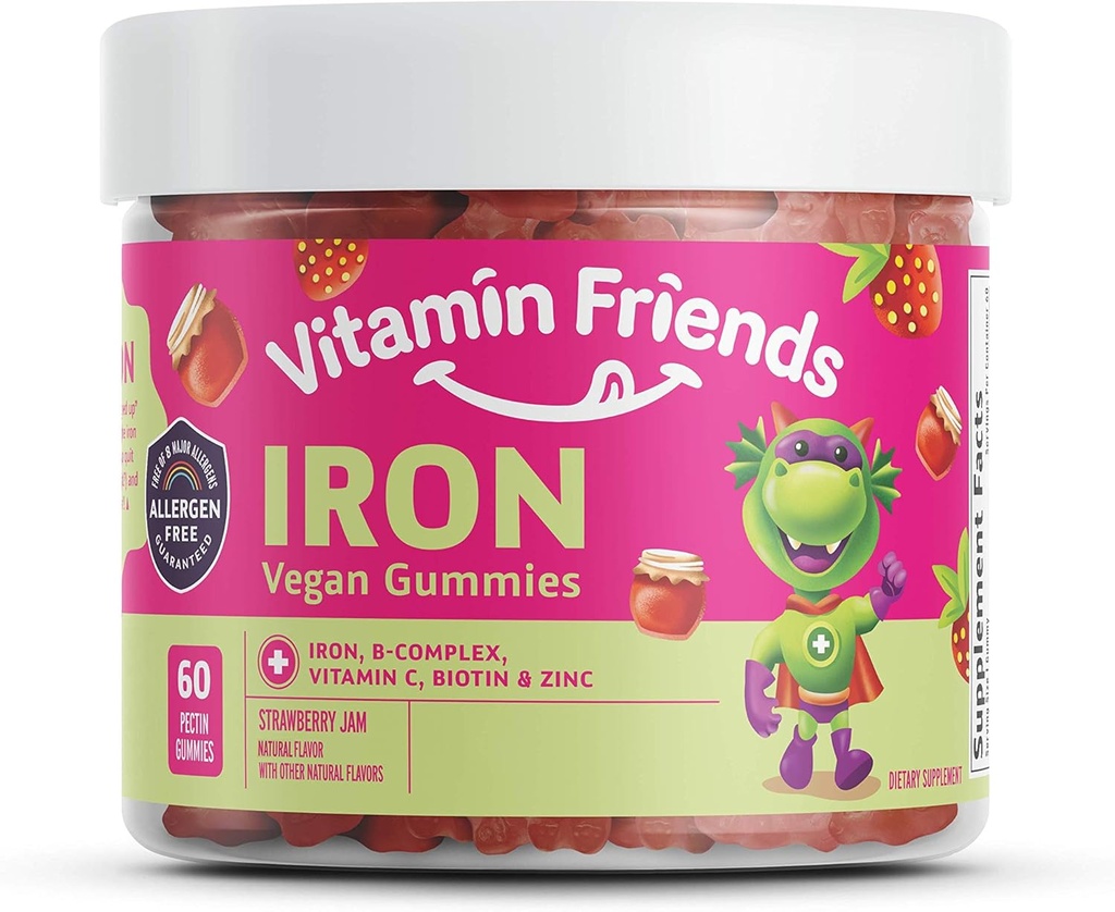 Arkadaşlar - Vegan Multivitamin & Iron for Kids - Daily Nutritional Support Gummies w/Ferrous Fumarate B-Complex, C, çinko, Biotin - Body Function & Anemi - Strawberry Jam (60 Day Supply)