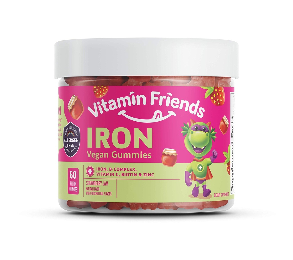 Arkadaşlar - Vegan Multivitamin & Iron for Kids - Daily Nutritional Support Gummies w/Ferrous Fumarate B-Complex, C, çinko, Biotin - Body Function & Anemi - Strawberry Jam (60 Day Supply)
