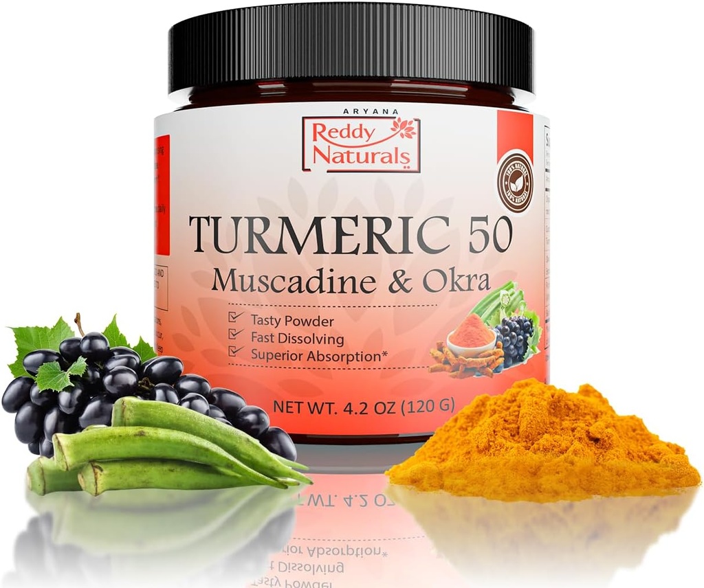 Reddy Naturals Aryana Turmeric 50 – Organik Turmeric Supplement Toz ile Muscadine Grape & Okra – Hızlı-Dis çözme, Plant-Based Formula for Daily Wellness – 30 Hizmet