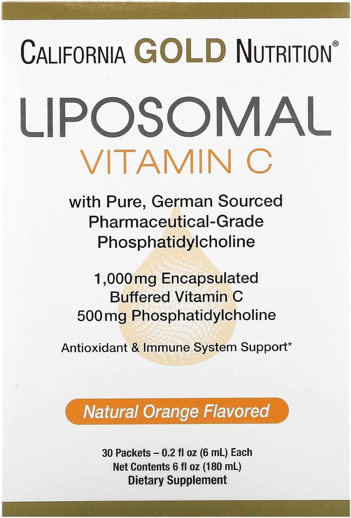 Liposomal Vitamin C Kaliforniya Gold Beslenme - Antioksi ve Immune Desteği için Sıvı Supplement - Vegan Dostu - Gluten Free, Non-GMO - 1000 mg - 30 Packets - Natural Orange Flavor - 30 Packets - Natural Orange Flavor