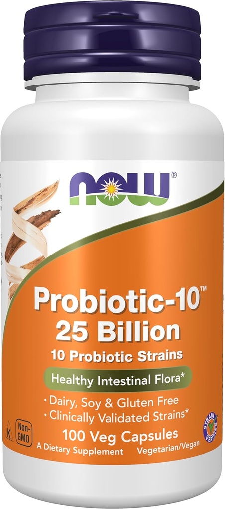 NOW Συμπληρώματα τροφίμων, Probiotic-10TM, 25 δισεκατομμύρια, με 10 Probiotic Strains, Γαλακτοκομικά, Σόγια και Χωρίς Γλουτένη, Strain Επαληθευμένο, 100 Veg Κάψουλες