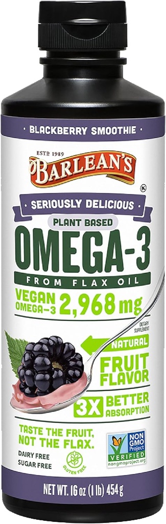 Barlean'ın Vegan Omega 3 6 9 Flaxseed Oil Liquid Supplement, BlackBerry Smoothie, Flax Seed Oil, 2,968 mg ALA Fatty Acid, Non-GMO ve Gluten Free, 16 ozz
