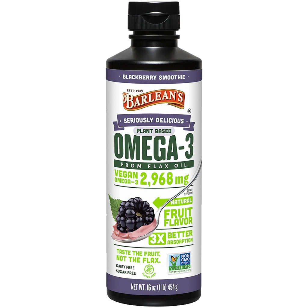 Barlean'ın Vegan Omega 3 6 9 Flaxseed Oil Liquid Supplement, BlackBerry Smoothie, Flax Seed Oil, 2,968 mg ALA Fatty Acid, Non-GMO ve Gluten Free, 16 ozz