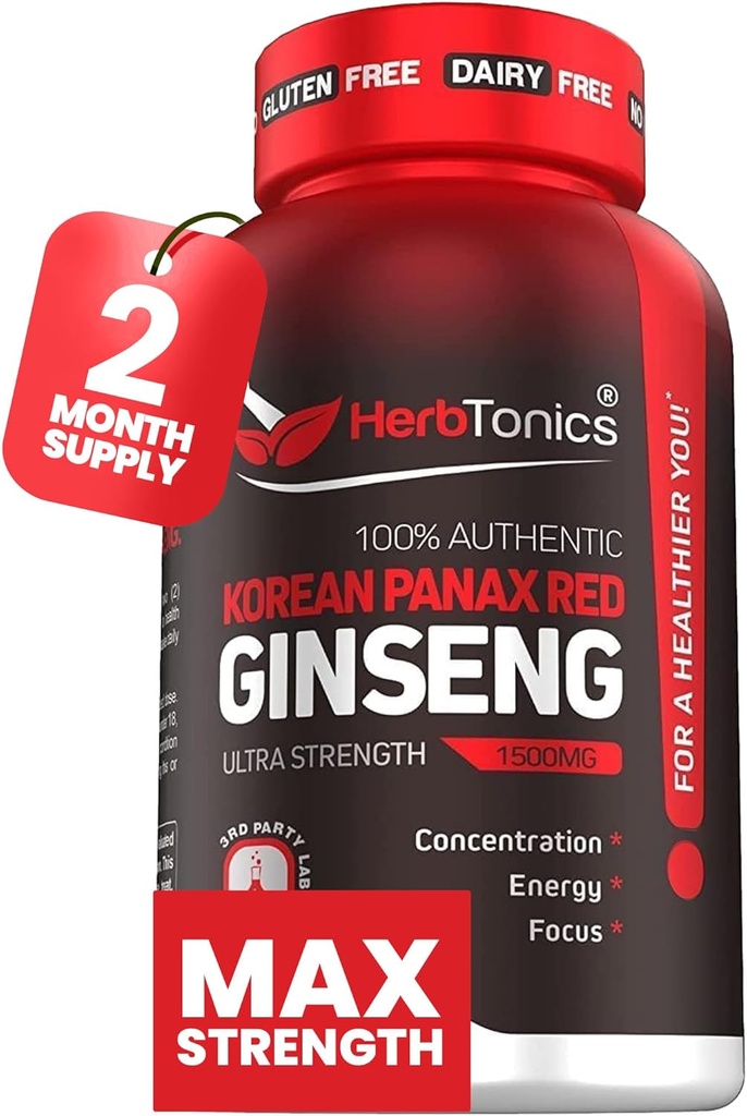Herbtonics Koreli Red Panax BTC 1500 mg - Peak Performance, Focus & Vitality için Enerji Tamamı - Yüksek Potency BTC Kökleri - 120 Vegan Capsules
