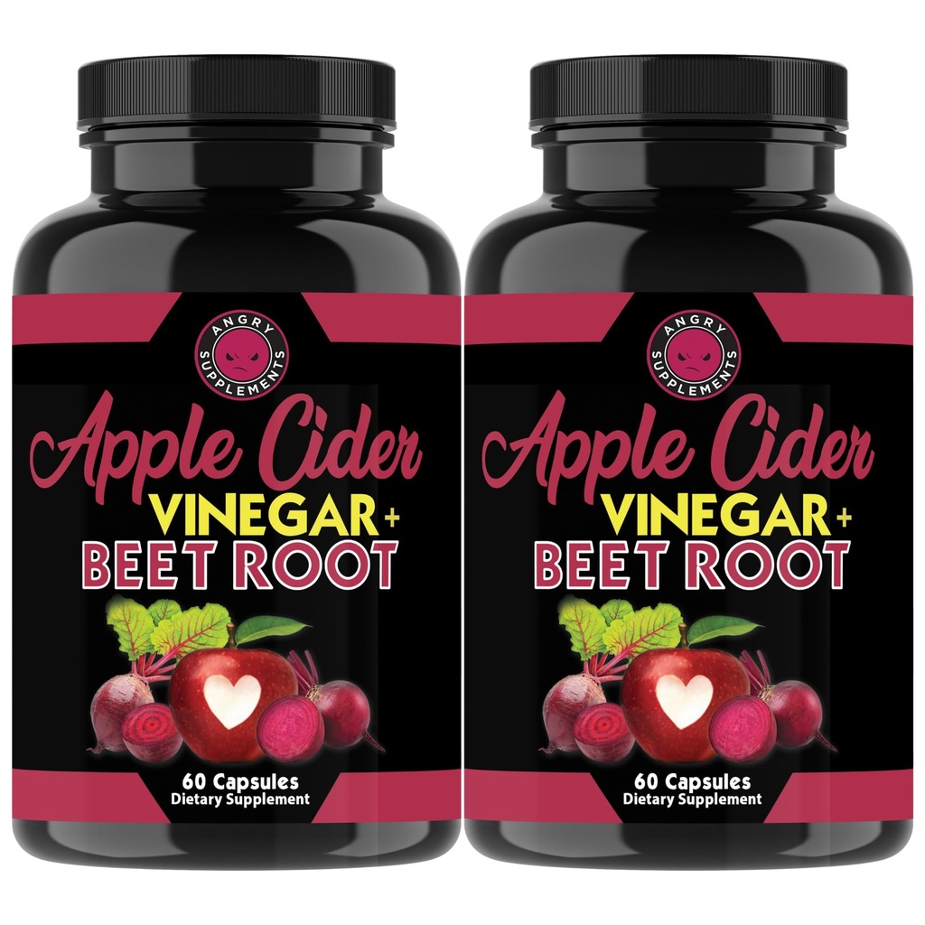 Angry Supplements Apple Cider Vinegar + Beet Root Toz Capsules, Pure ACV Beetroot 1000 mg per Service, Nitrik Oksit & Digestive Health for Men and Women 60ct, 2 Pack (120ct Total)