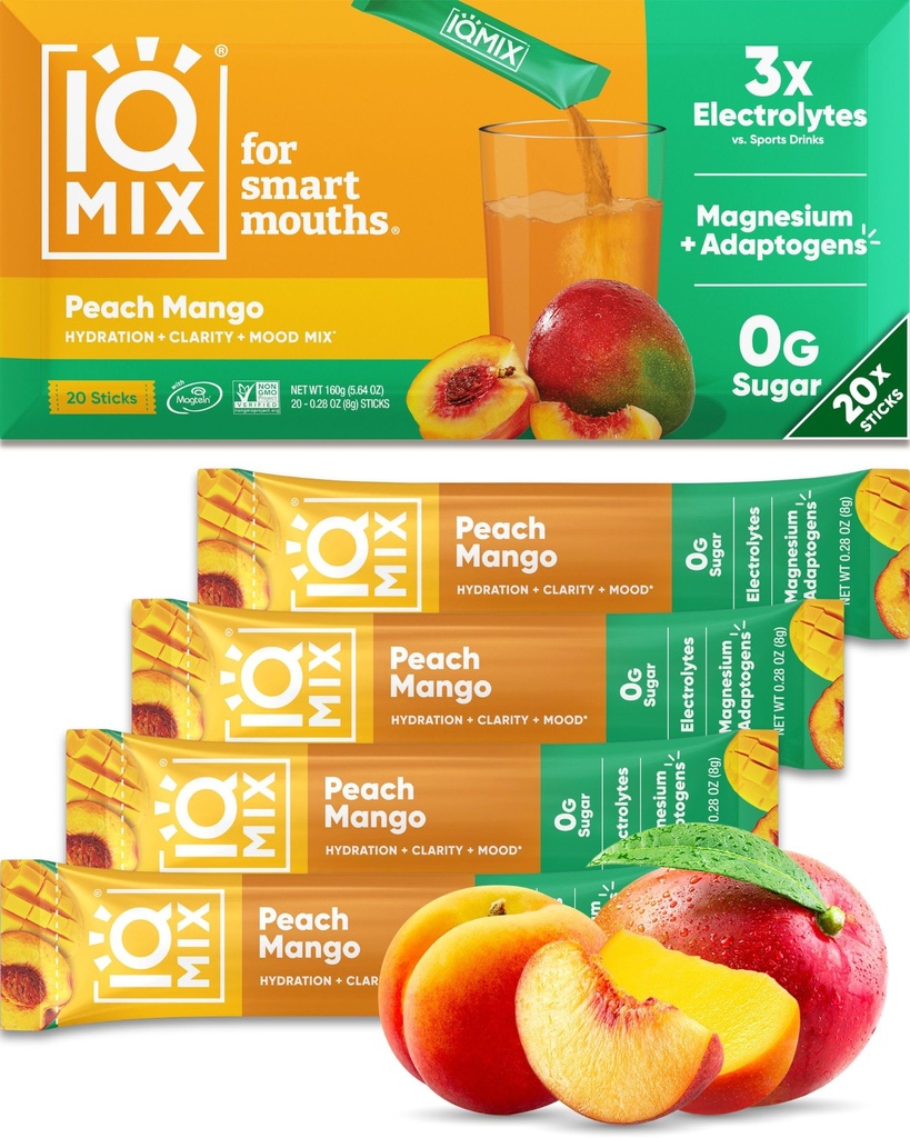 IQMIX Hydration Electrolyte Dust – 4-in-1 Formula for Hydration, mental Clarity, Mood and Recovery – Sugar-Free Drink Mix, Keto, Magnezyum L-Threonate, Lion's Mane – 20 Count Peach Mango