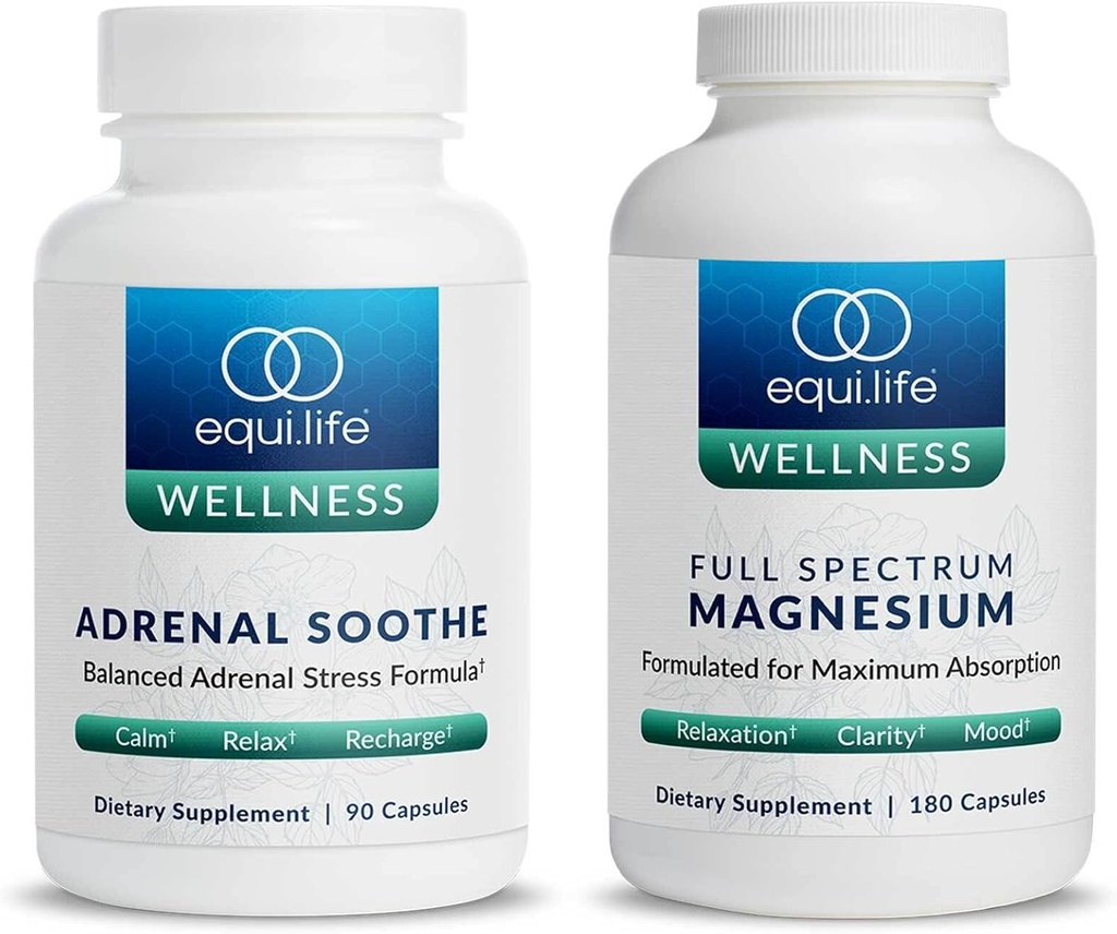 Equilife Full Spectrum Magnezyum (180 ct.) ve Adrenal Soothe (90 caps) Sched & Energy Support Supplement, Vegan, Non-GMOMO