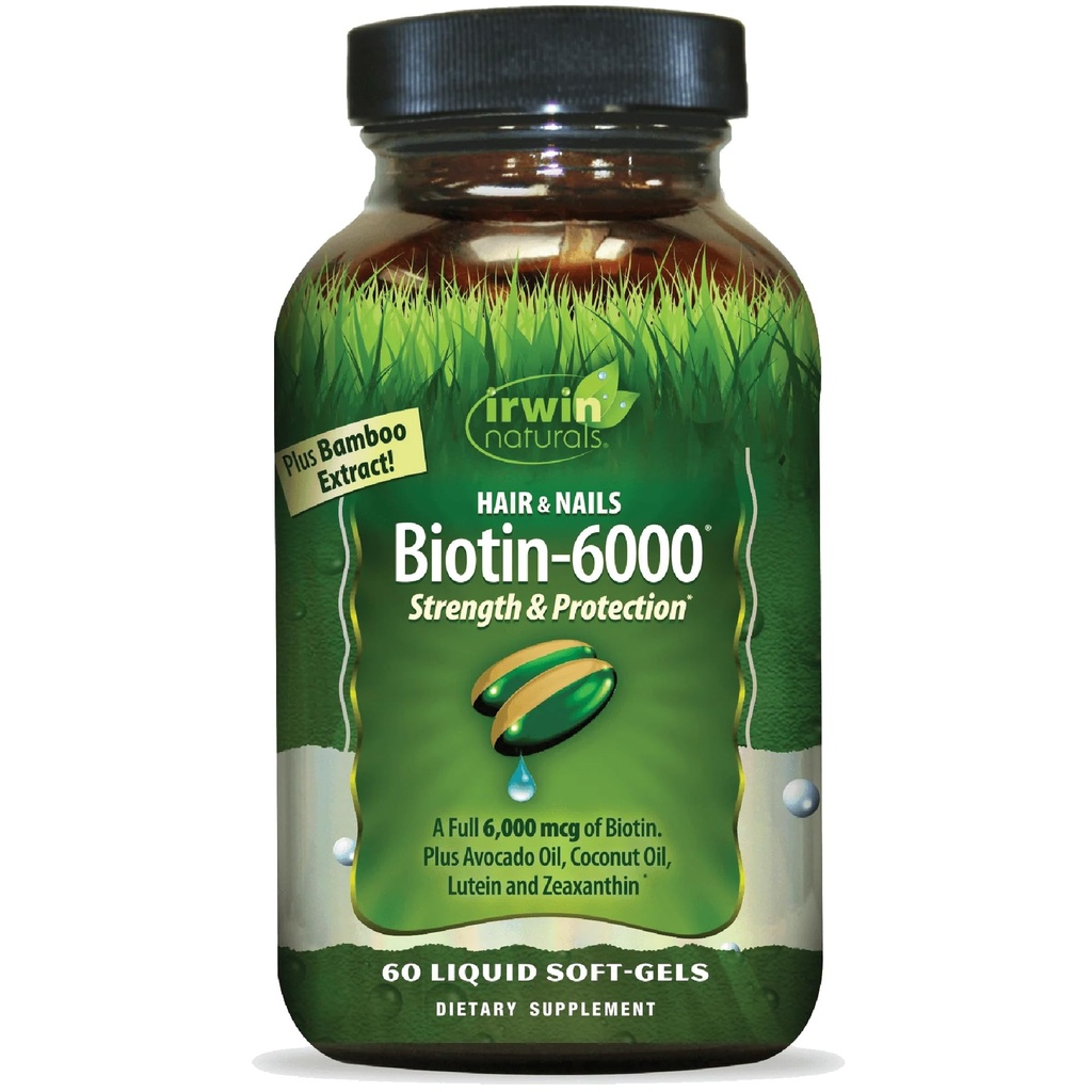 Irwin Naturals Biotin-6000 Supports Health Skin, Hair & Nails - 60 Sıvı Softgels - Güçlü + Yüksek Potency 6000 mcg, Wine, Aokado, Coconut & More - En Fazla Abhidrorpsiyon