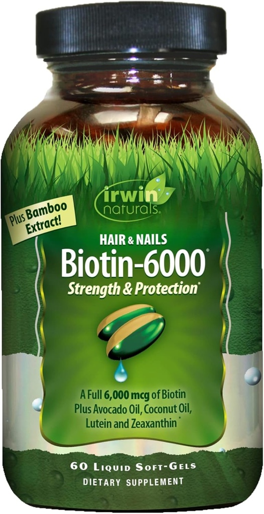 Irwin Naturals Biotin-6000 Supports Health Skin, Hair & Nails - 60 Sıvı Softgels - Güçlü + Yüksek Potency 6000 mcg, Wine, Aokado, Coconut & More - En Fazla Abhidrorpsiyon