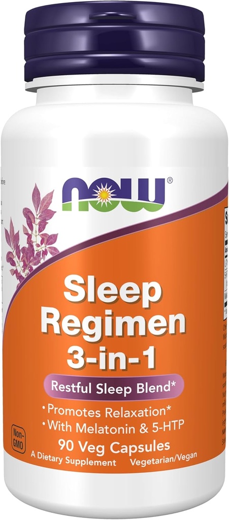 NOW Συμπληρώματα τροφίμων, Sleep Regimen 3-In-1, Με μελατονίνη, 5-HTP και L-Θεανίνη, Ξεκούραστη Μείξη Ύπνου*, 90 κάψουλες Veg