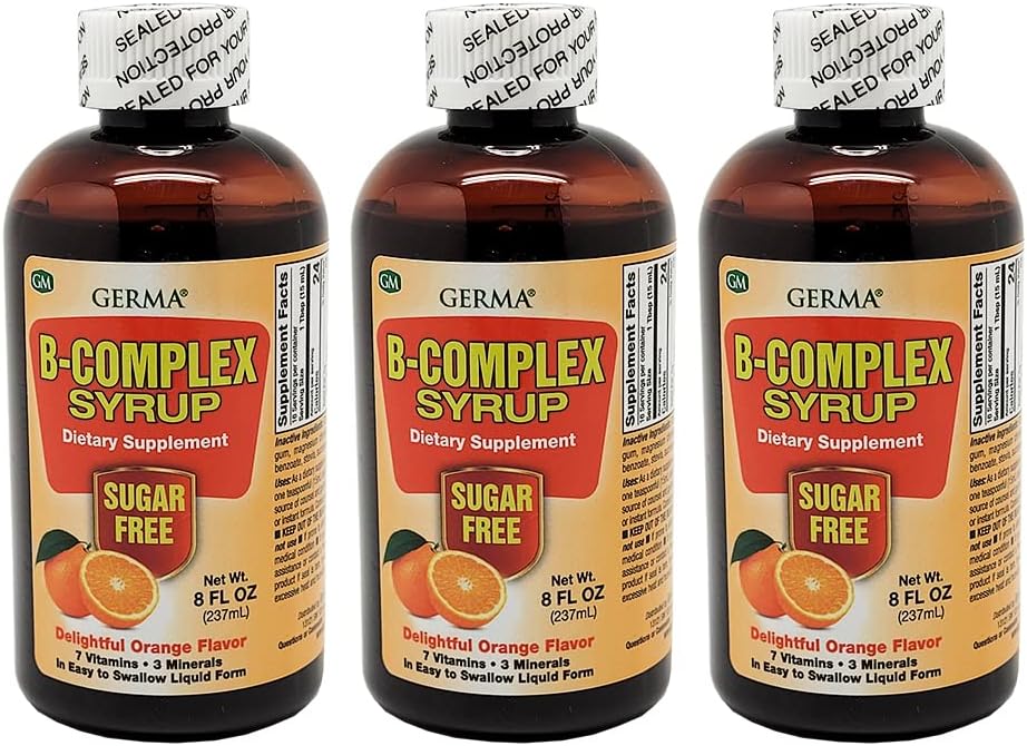 Germa B-Complex Syrup. Diyetary Supplement. Bone Health, growth and Development Aid. Sugar Free. Orange Flavor. 8 oz. Paket 3